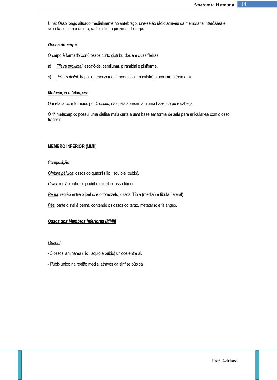 a) Fileira distal: trapézio, trapezóide, grande osso (capitato) e unciforme (hamato). Metacarpo e falanges: O metacarpo é formado por 5 ossos, os quais apresentam uma base, corpo e cabeça.