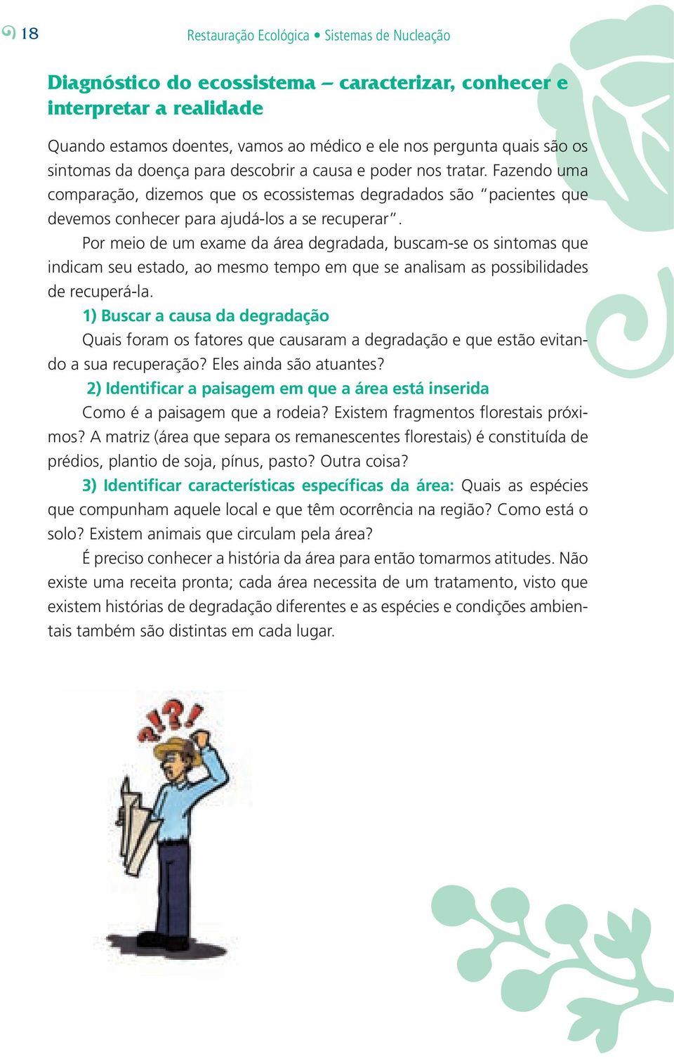 Por meio de um exame da área degradada, buscam-se os sintomas que indicam seu estado, ao mesmo tempo em que se analisam as possibilidades de recuperá-la.