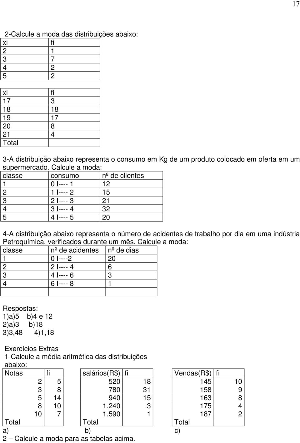 Calcule a moda: classe consumo nº de clientes 1 0 I---- 1 12 2 1 I---- 2 15 3 2 I---- 3 21 4 3 I---- 4 32 5 4 I---- 5 20 4-A distribuição abaixo representa o número de acidentes de trabalho por dia