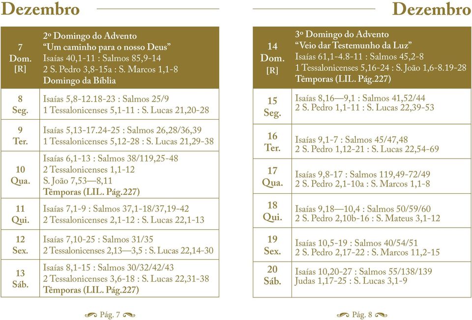 227) 8 Isaías 5,8-12.18-23 : Salmos 25/9 1 Tessalonicenses 5,1-11 : S. Lucas 21,20-28 15 Isaías 8,16 9,1 : Salmos 41,52/44 2 S. Pedro 1,1-11 : S. Lucas 22,39-53 9 10 11 Isaías 5,13-17.