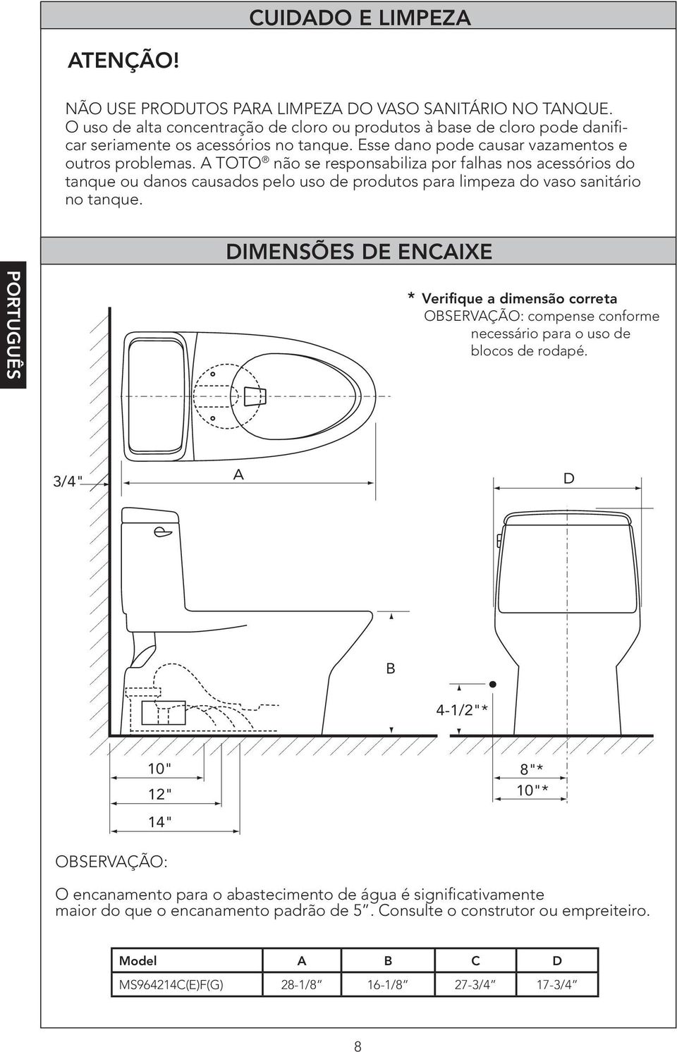 A TOTO não se responsabiliza por falhas nos acessórios do tanque ou danos causados pelo uso de produtos para limpeza do vaso sanitário no tanque.