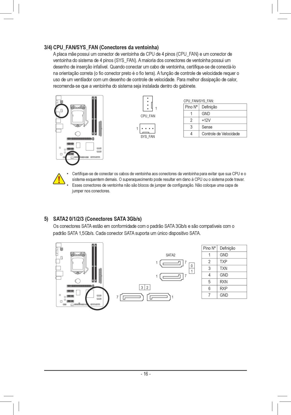 Quando conectar um cabo de ventoinha, certifique-se de conectá-lo na orientação correta (o fio conector preto é o fio terra).