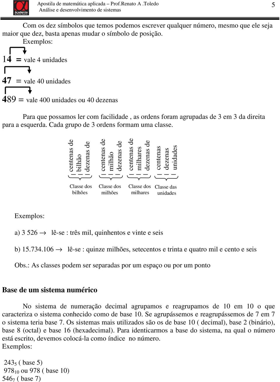 Cada grupo de 3 ordens formam uma classe.