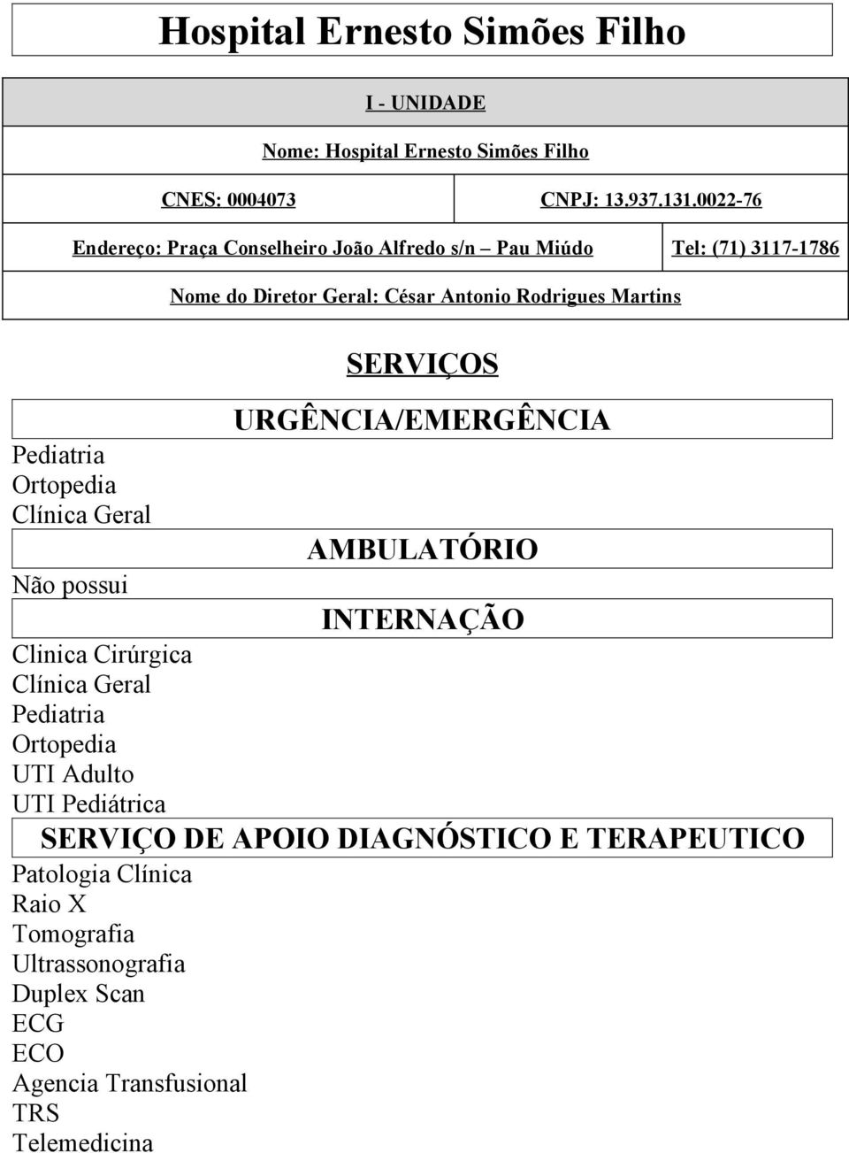 Rodrigues Martins Ortopedia Clínica Geral Não possui Clinica Cirúrgica Clínica Geral Ortopedia UTI Adulto UTI Pediátrica