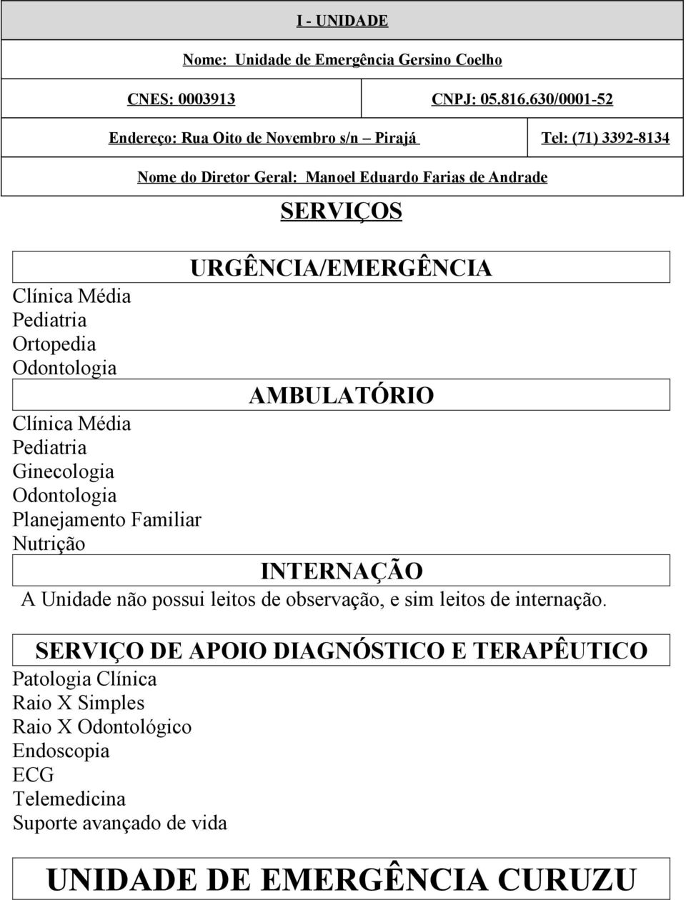 Média Ginecologia Odontologia Planejamento Familiar Nutrição A Unidade não possui leitos de observação, e sim leitos de internação.