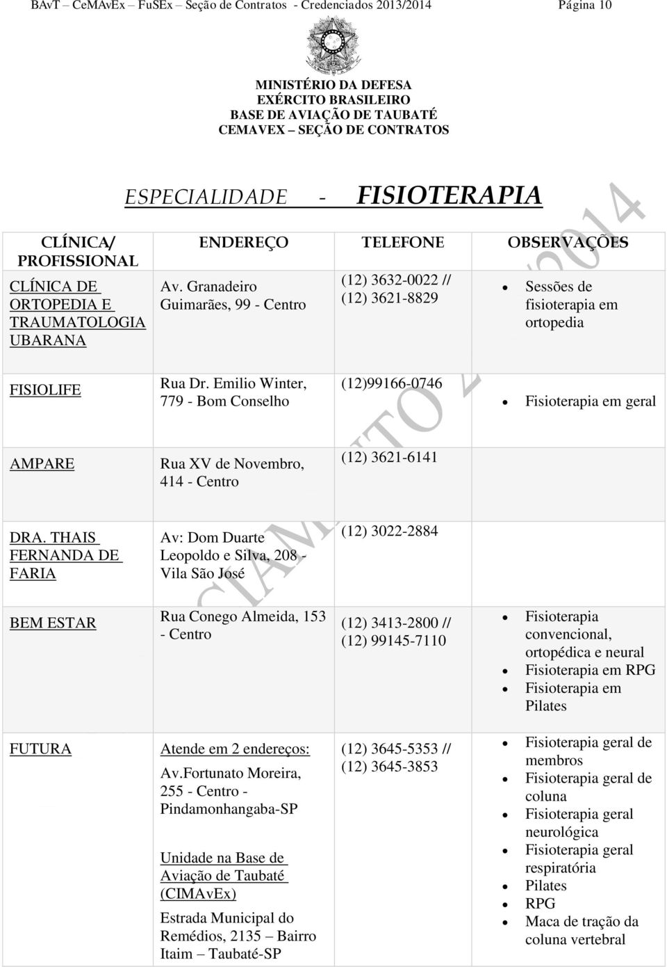 Emilio Winter, 779 - Bom Conselho (12)99166-0746 Fisioterapia em geral AMPARE Rua XV de Novembro, 414 - Centro (12) 3621-6141 DRA.