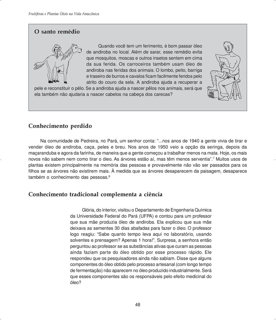 O lombo, peito, barriga e traseiro de burros e cavalos ficam facilmente feridos pelo atrito do couro da sela. A andiroba ajuda a recuperar a pele e reconstituir o pêlo.