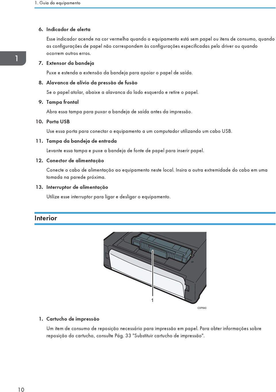 pelo driver ou quando ocorrem outros erros. 7. Extensor da bandeja Puxe e estenda a extensão da bandeja para apoiar o papel de saída. 8.