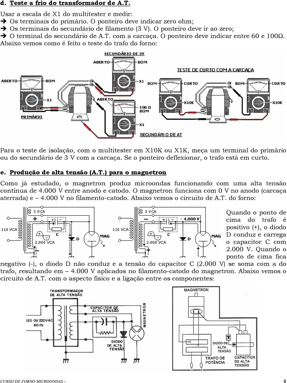 Abaixo vemos como é feito o teste do trafo do forno: SECUNDÁRIO DE AT Para o teste de isolação, com o multitester em X10K ou X1K, meça um terminal do primário ou do secundário de 3 V com a carcaça.