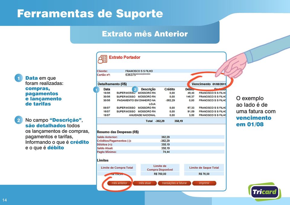 todos os lançamentos de compras, pagamentos e tarifas, Informando o que é