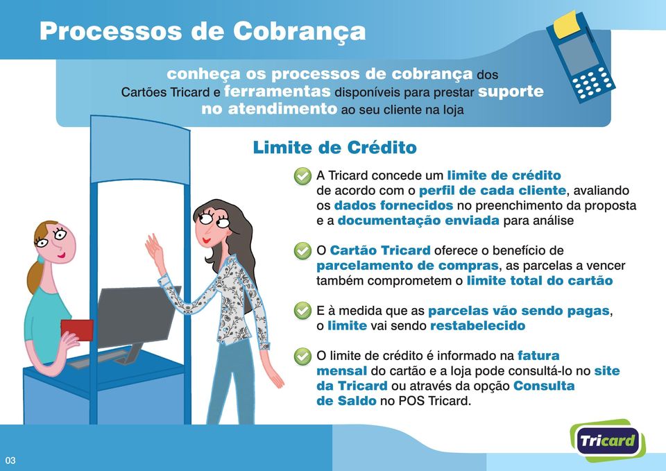 Cartão Tricard oferece o benefício de parcelamento de compras, as parcelas a vencer também comprometem o limite total do cartão E à medida que as parcelas vão sendo pagas, o limite