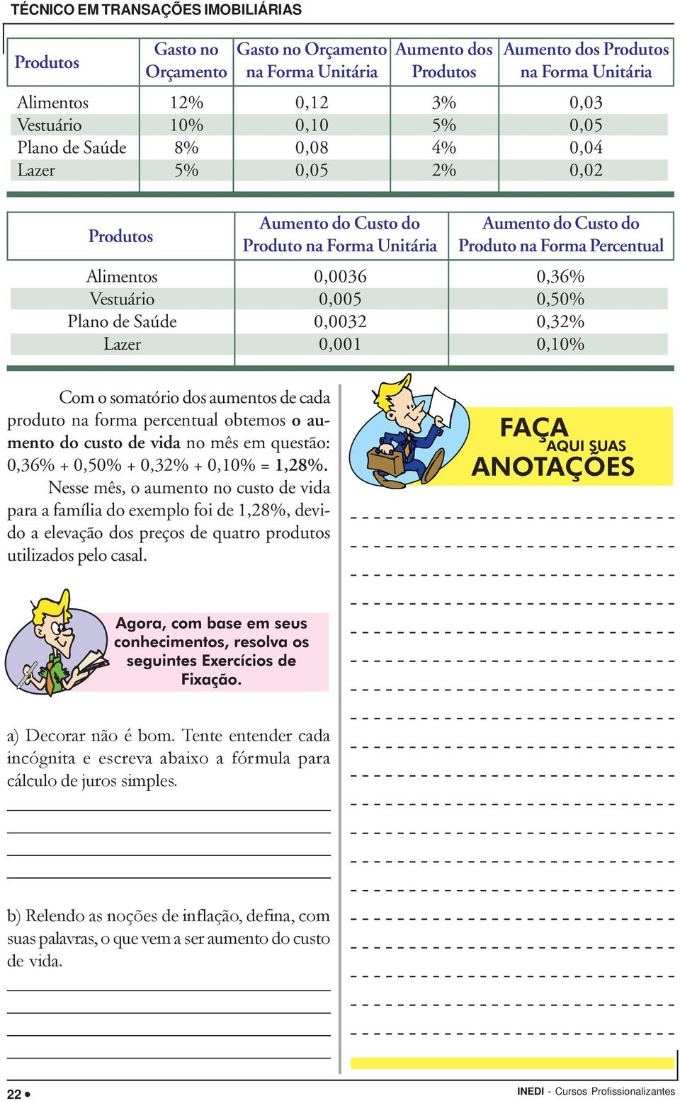 Aumento do Custo do Produto na Forma Percentual 0,36% 0,50% 0,32% 0,10% Com o somatório dos aumentos de cada produto na forma percentual obtemos o aumento do custo de vida no mês em questão: 0,36% +