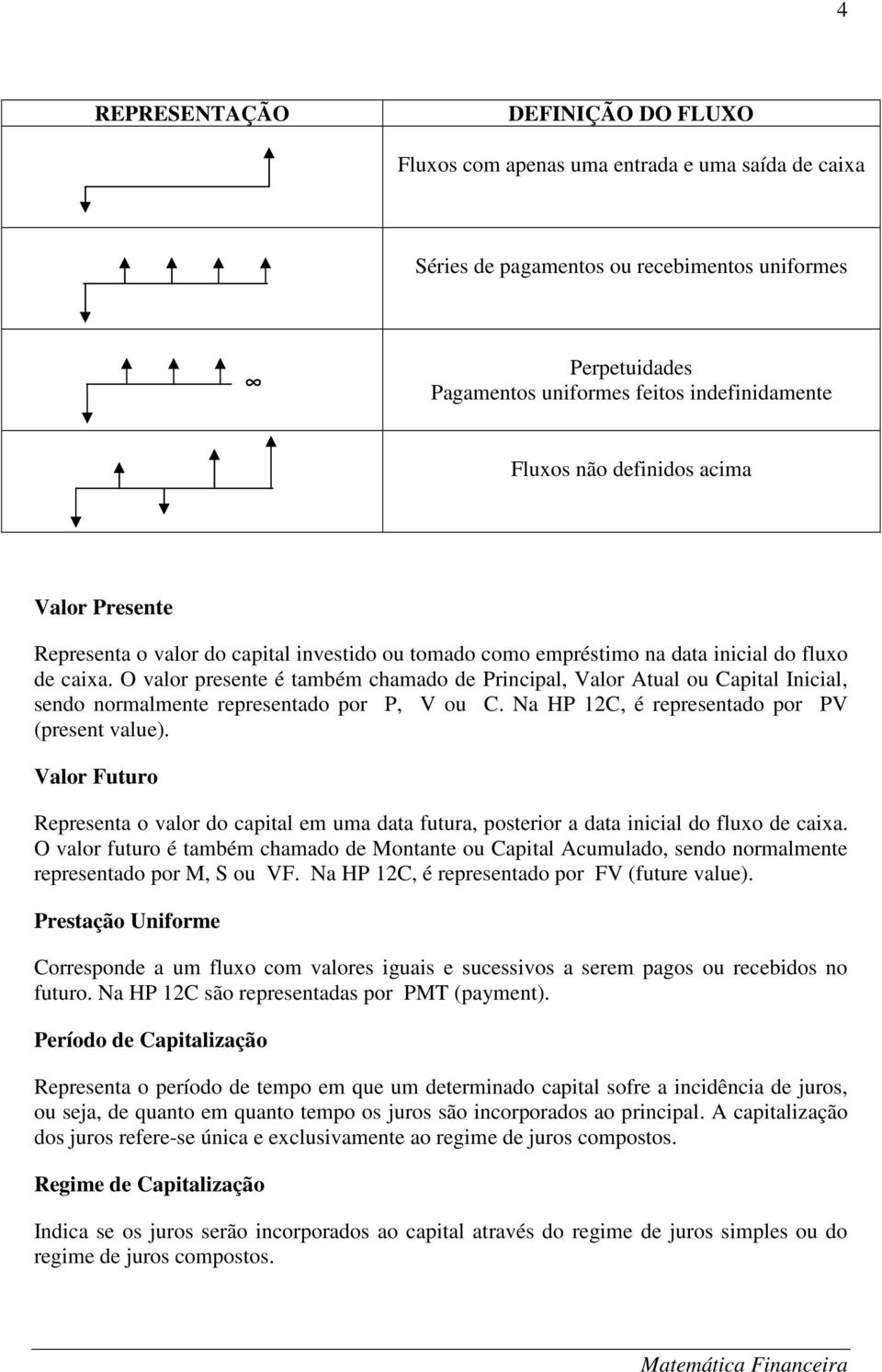 O valor presente é também chamado de Principal, Valor Atual ou Capital Inicial, sendo normalmente representado por P, V ou C. Na HP 12C, é representado por PV (present value).