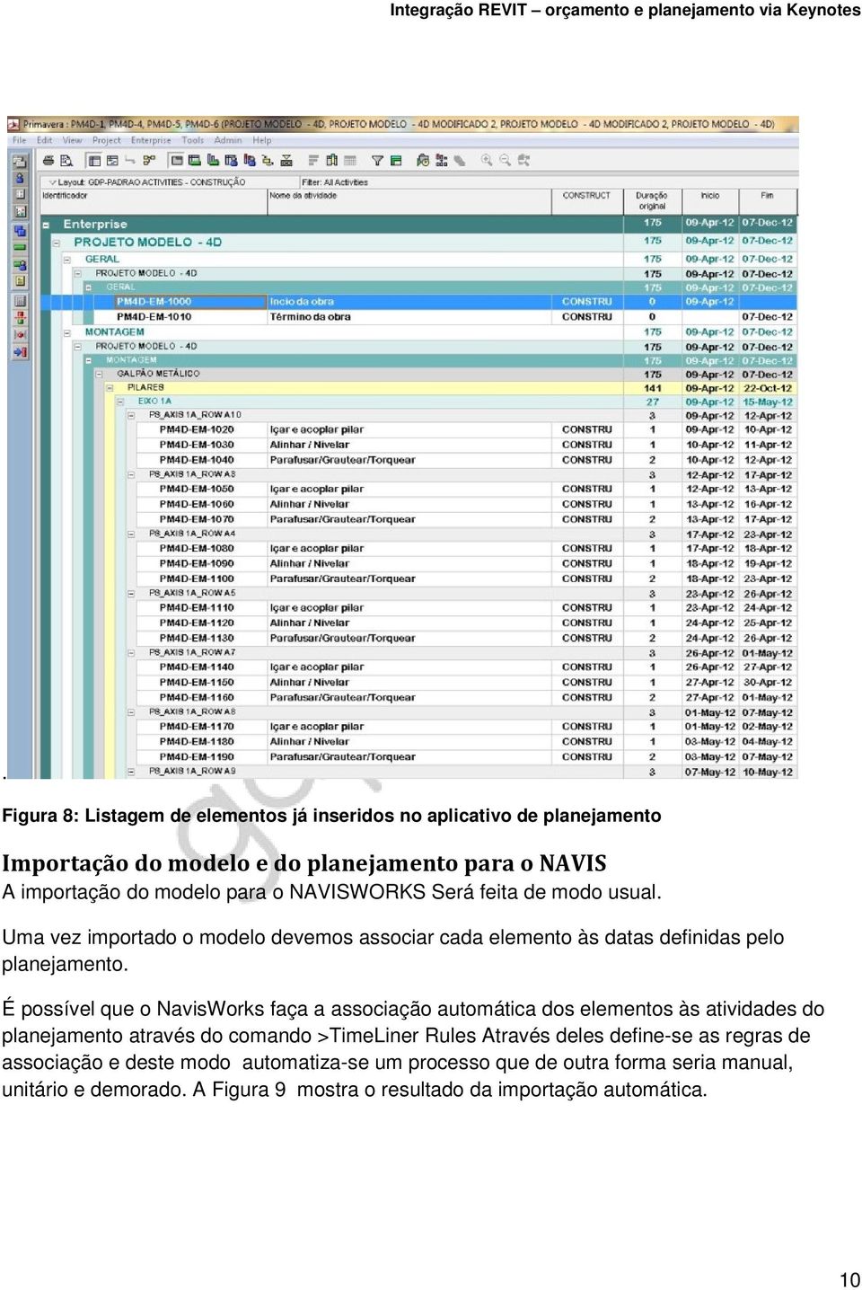 É possível que o NavisWorks faça a associação automática dos elementos às atividades do planejamento através do comando >TimeLiner Rules Através deles