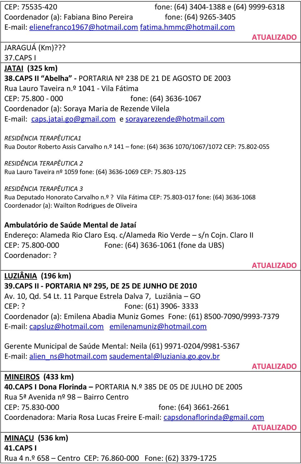 800-000 fone: (64) 3636-1067 Coordenador (a): Soraya Maria de Rezende Vilela E-mail: caps. jatai. go @gmail.com e sorayarezende@hotmail.com RESIDÊNCIA TERAPÊUTICA1 Rua Doutor Roberto Assis Carvalho n.