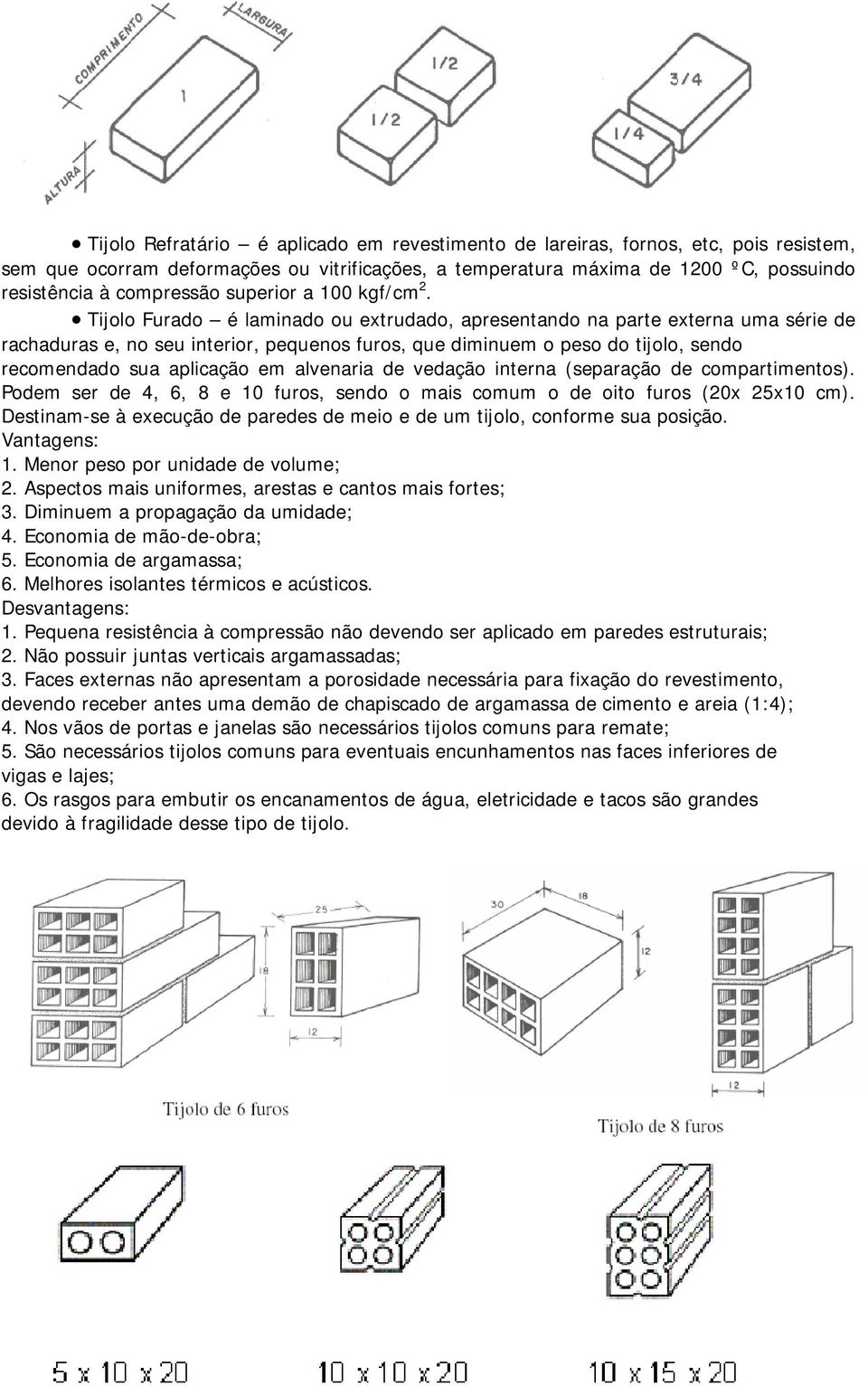 Tijolo Furado é laminado ou extrudado, apresentando na parte externa uma série de rachaduras e, no seu interior, pequenos furos, que diminuem o peso do tijolo, sendo recomendado sua aplicação em