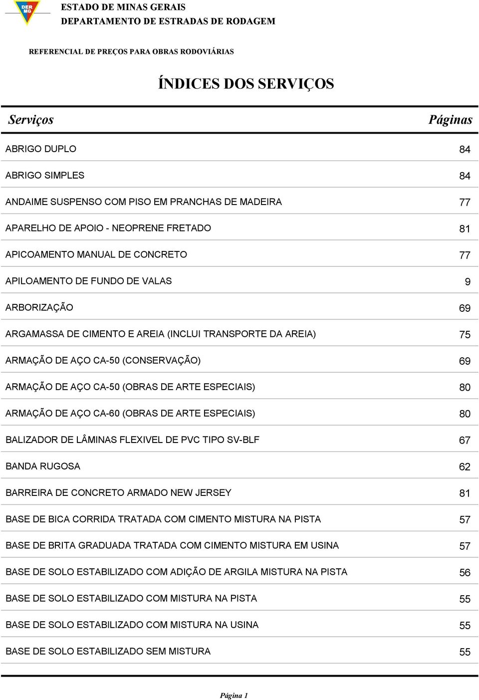 ARMAÇÃO DE AÇO CA-60 (OBRAS DE ARTE ESPECIAIS) 80 BALIZADOR DE LÂMINAS FLEXIVEL DE PVC TIPO SV-BLF 67 BANDA RUGOSA 62 BARREIRA DE CONCRETO ARMADO NEW JERSEY 81 BASE DE BICA CORRIDA TRATADA COM