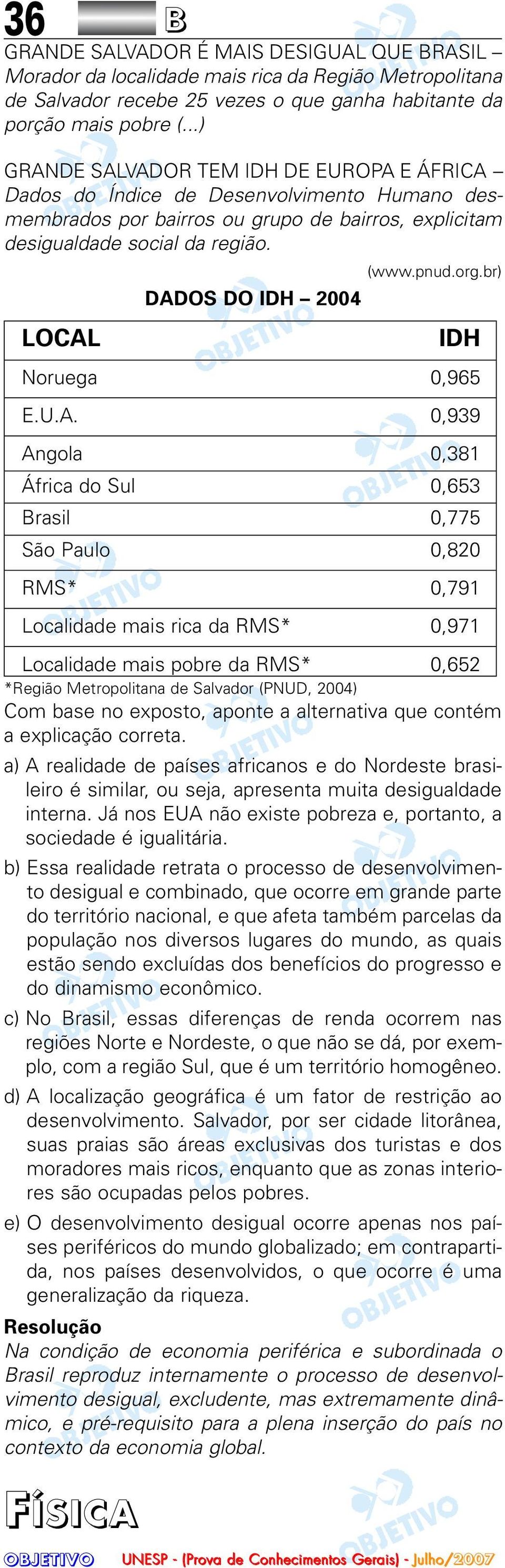 br) DADOS DO IDH 2004 LOCAL Localidade mais pobre da RMS* 0,652 *Região Metropolitana de Salvador (PNUD, 2004) Com base no exposto, aponte a alternativa que contém a explicação correta.