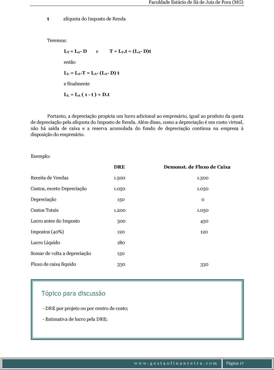 Além disso, como a depreciação é um custo virtual, não há saída de caixa e a reserva acumulada do fundo de depreciação continua na empresa à disposição do empresário. Exemplo: DRE Demonst.