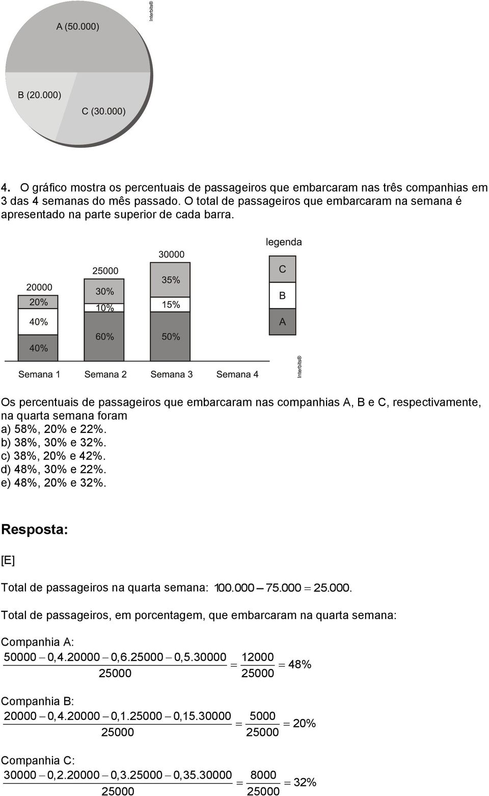 Os percentuais de passageiros que embarcaram nas companhias A, B e C, respectivamente, na quarta semana foram a) 58%, 20% e 22%. b) 38%, 30% e 32%. c) 38%, 20% e 42%. d) 48%, 30% e 22%.