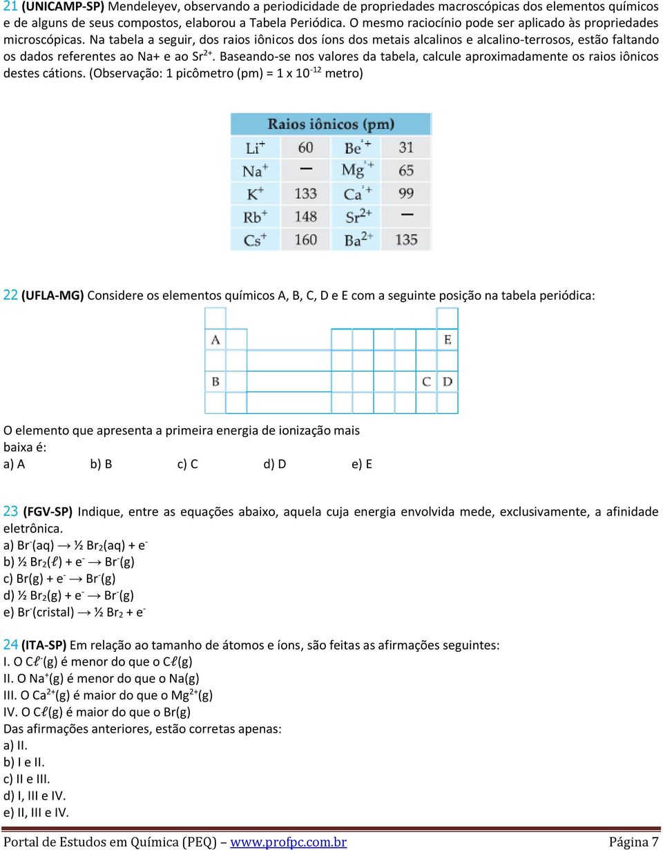 Na tabela a seguir, dos raios iônicos dos íons dos metais alcalinos e alcalino-terrosos, estão faltando os dados referentes ao Na+ e ao Sr 2+.