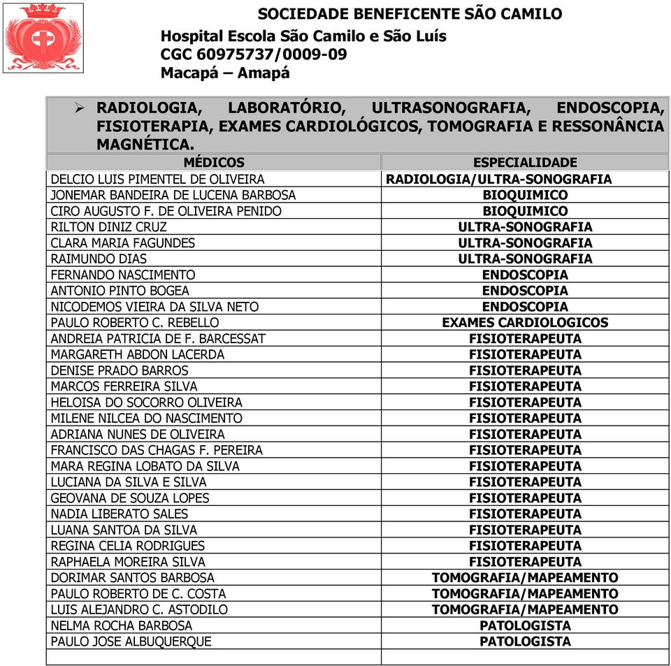 DE OLIVEIRA PENIDO BIOQUIMICO RILTON DINIZ CRUZ ULTRA-SONOGRAFIA CLARA MARIA FAGUNDES ULTRA-SONOGRAFIA RAIMUNDO DIAS ULTRA-SONOGRAFIA FERNANDO NASCIMENTO ENDOSCOPIA ANTONIO PINTO BOGEA ENDOSCOPIA