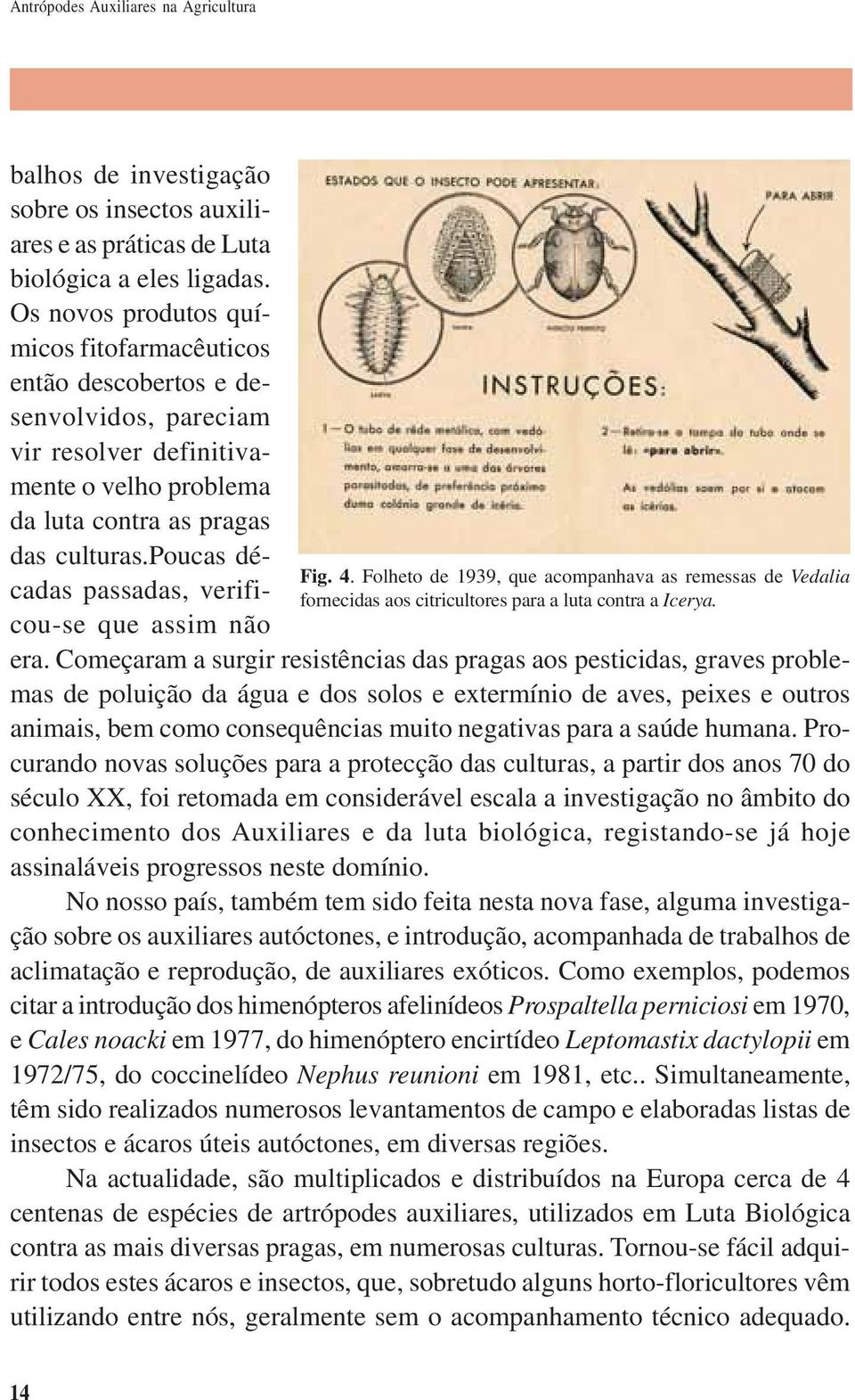 poucas décadas passadas, verificou-se que assim não Fig. 4. Folheto de 1939, que acompanhava as remessas de Vedalia fornecidas aos citricultores para a luta contra a Icerya. era.