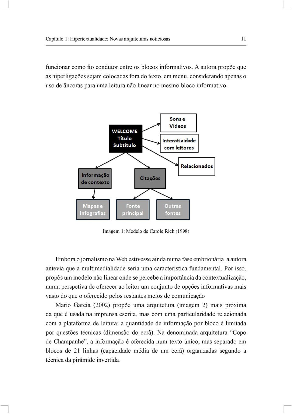 Imagem 1: Modelo de Carole Rich (1998) Embora o jornalismo na Web estivesse ainda numa fase embrionária, a autora antevia que a multimedialidade seria uma característica fundamental.