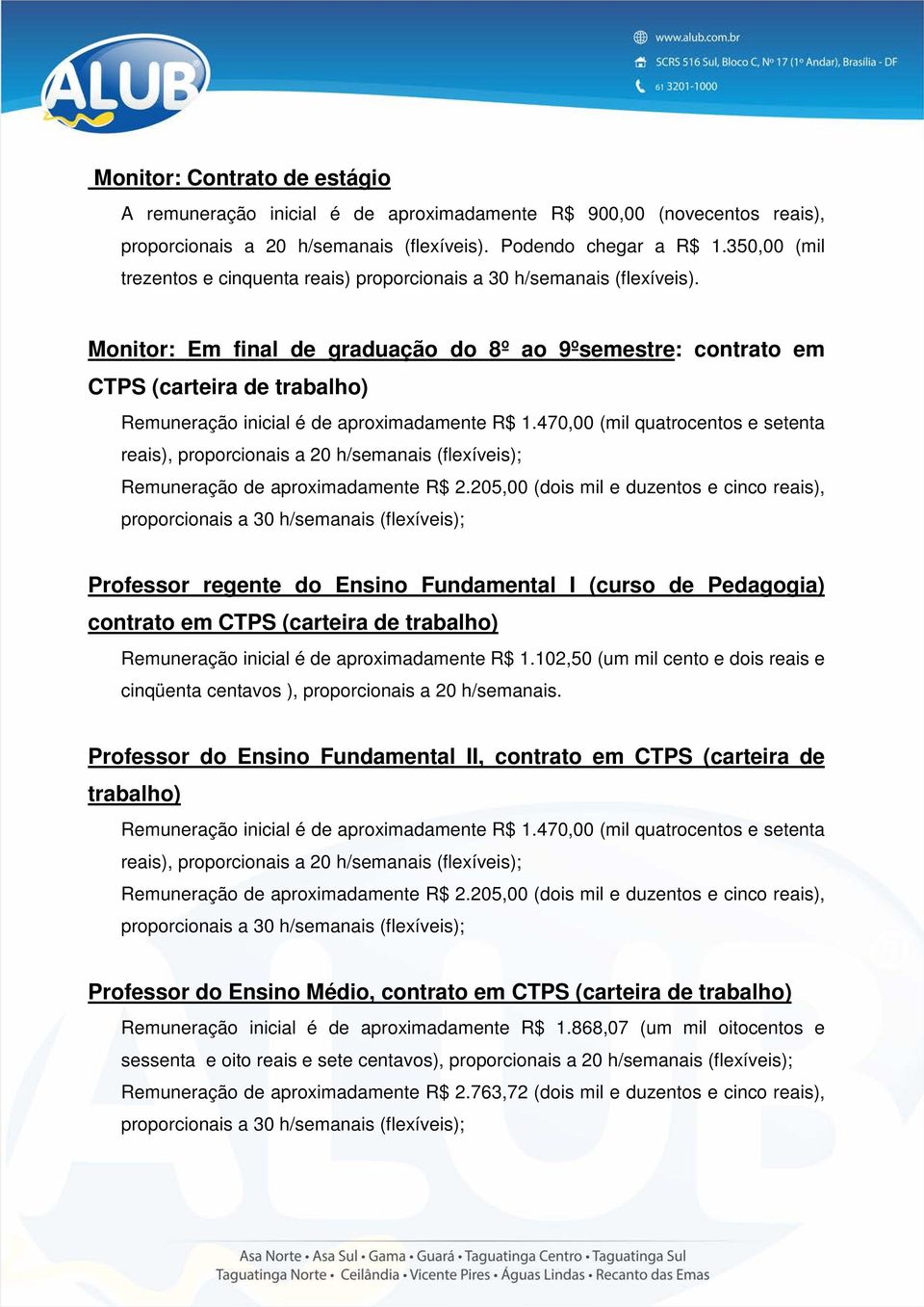 Monitor: Em final de graduação do 8º ao 9ºsemestre: contrato em CTPS (carteira de trabalho) Remuneração inicial é de aproximadamente R$ 1.