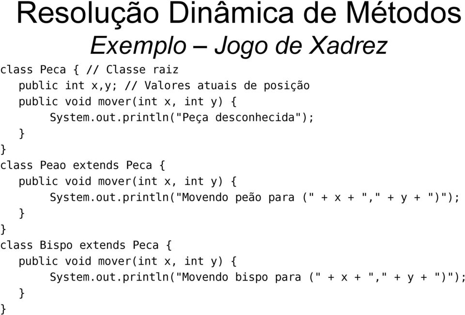 println("Peça desconhecida"); class Peao extends Peca { public void mover(int x, int y) { System.out.