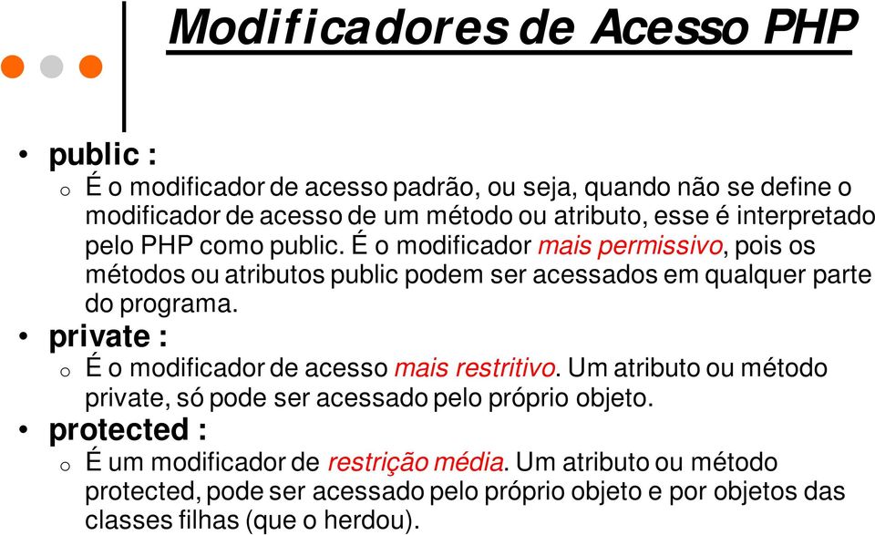 É o modificador mais permissivo, pois os métodos ou atributos public podem ser acessados em qualquer parte do programa.