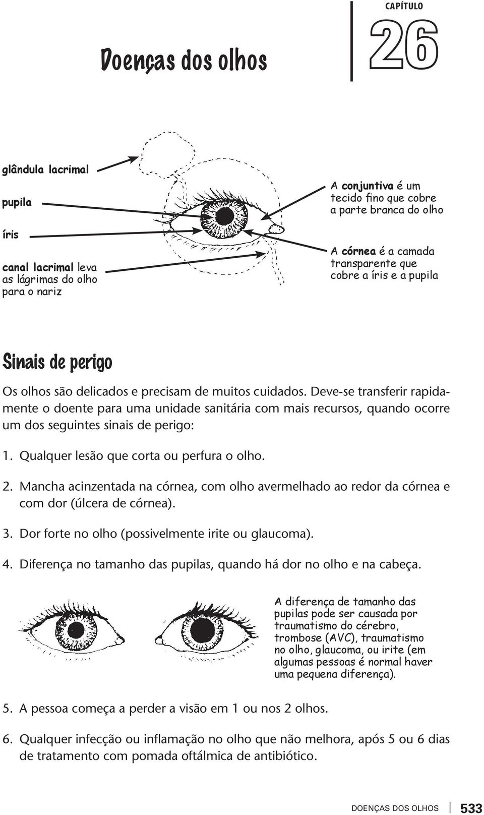 Deve-se ransferir rapidamene o doene para uma unidade saniária com mais recursos, quando ocorre um dos seguines sinais de perigo: 1. Qualquer lesão que cora ou perfura o olho. 2.