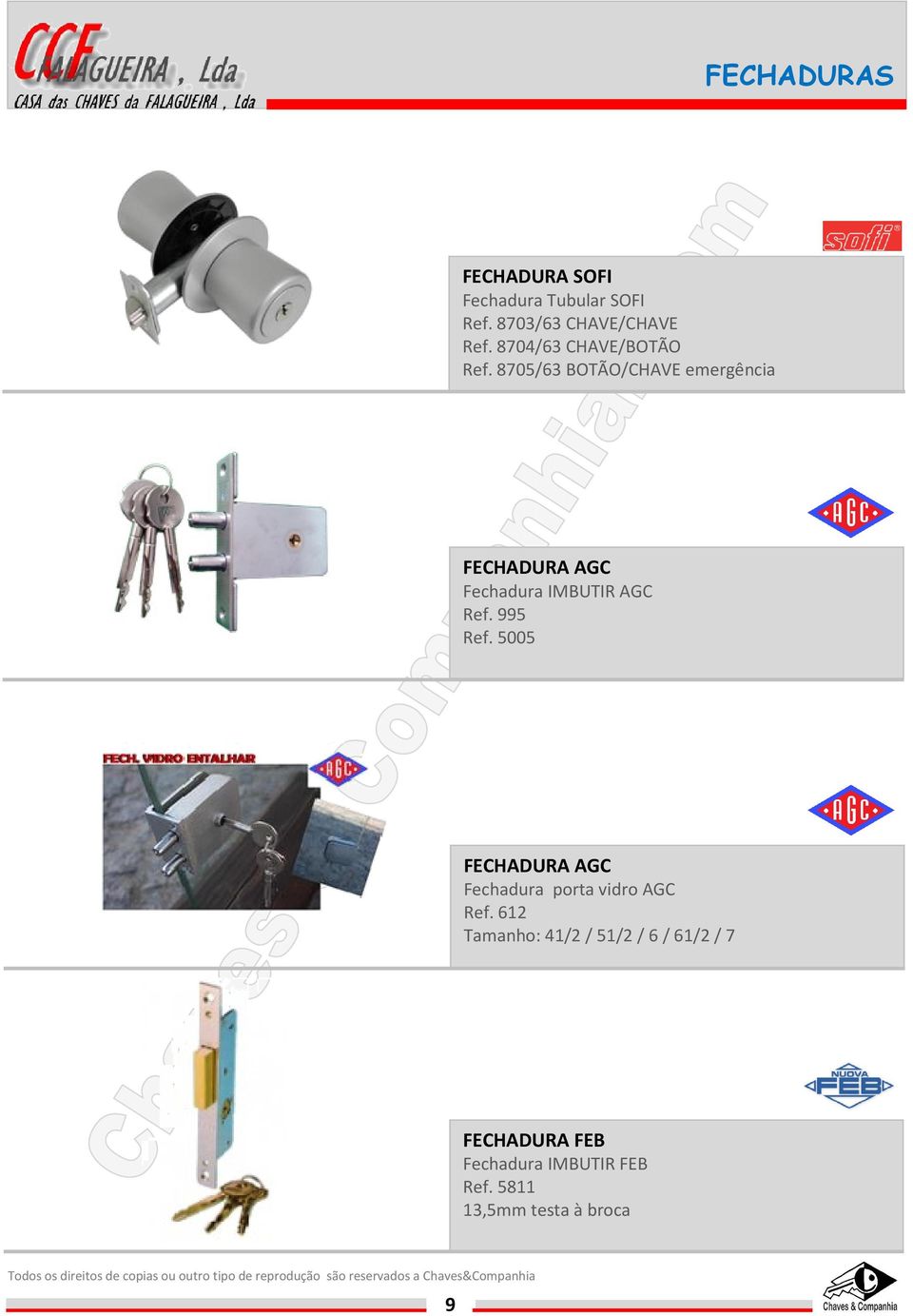 8705/63 BOTÃO/CHAVE emergência FECHADURA AGC Fechadura IMBUTIR AGC Ref. 995 Ref.