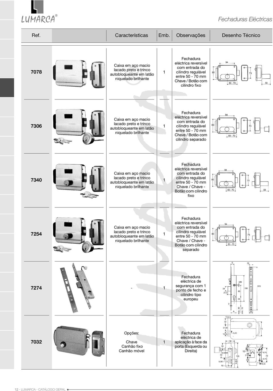 eléctrica reversível com entrada do cilindro regulável entre 50 70 mm Chave / Botão com cilindro fixo Fechadura eléctrica reversível com entrada do cilindro regulável entre 50 70 mm Chave / Botão com