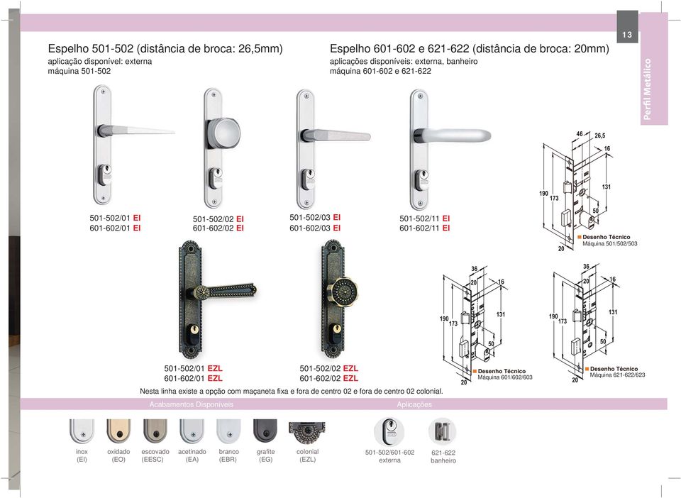 501/502/503 16 16 501-502/01 EZL 601-602/01 EZL 501-502/02 EZL 601-602/02 EZL Nesta linha existe a opção com maçaneta fixa e fora de centro 02 e fora de centro 02 colonial.