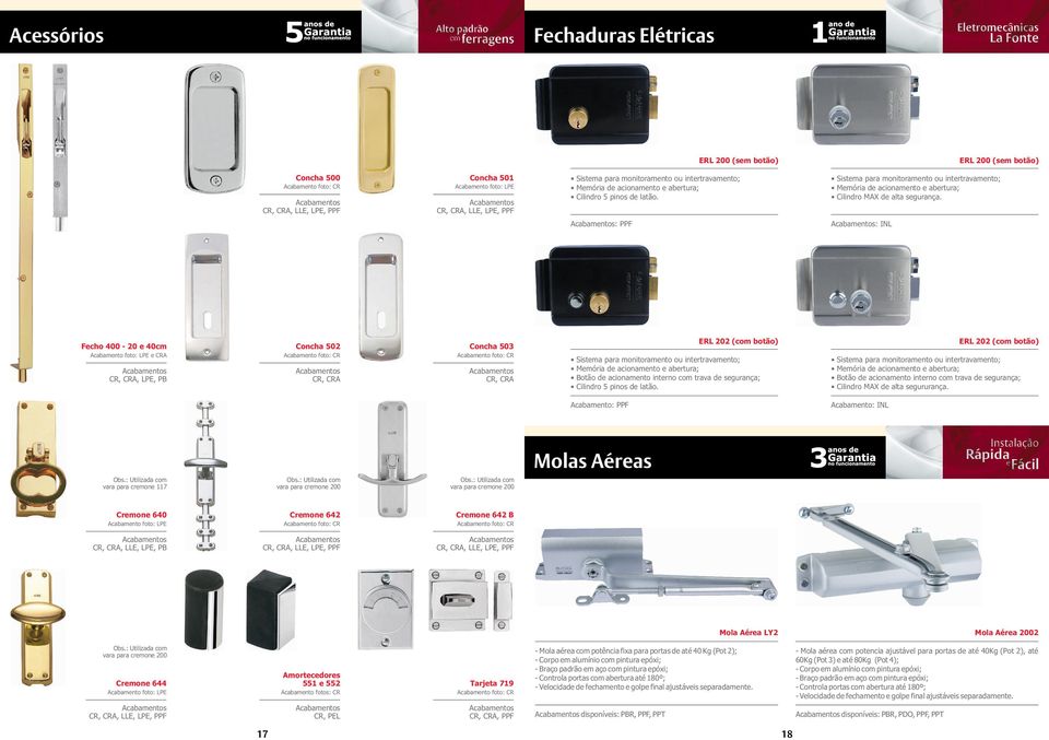 : PPF : Fecho 400-20 e 40cm e CRA, LPE, PB Concha 502 Concha 503 ERL 202 (com botão) Sistema para monitoramento ou intertravamento; Memória de acionamento e abertura; Botão de acionamento interno com