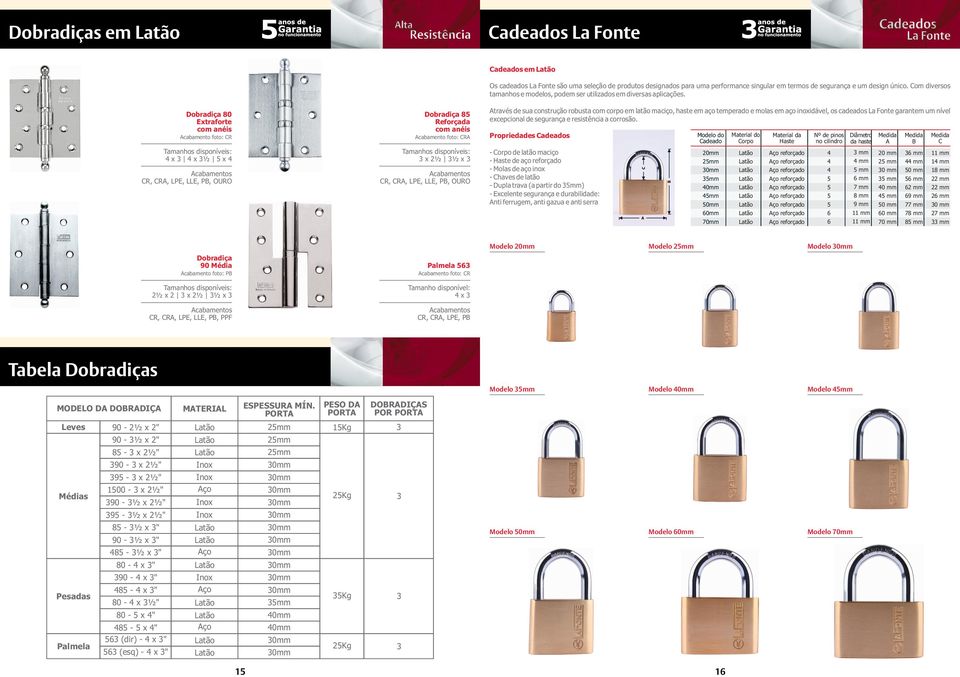 Através de sua construção robusta com corpo em latão maciço, haste em aço temperado e molas em aço inoxidável, os cadeados La Fonte garantem um nível excepcional de segurança e resistência a corrosão.