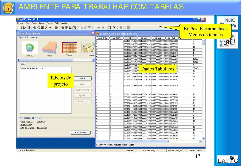 e Menus de tabelas Tabelas