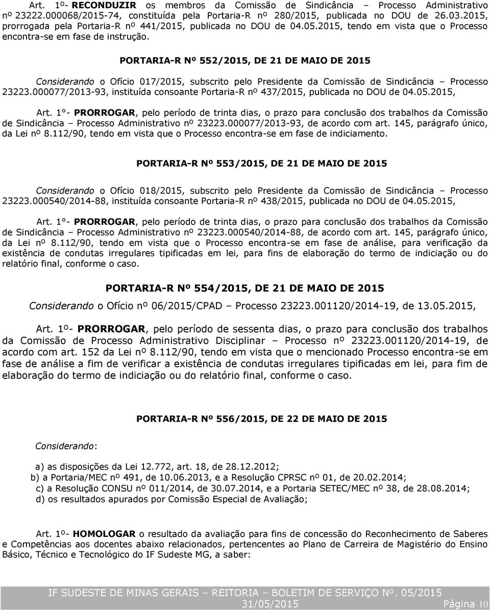 PORTARIA-R Nº 552/2015, DE 21 DE MAIO DE 2015 Considerando o Ofício 017/2015, subscrito pelo Presidente da Comissão de Sindicância Processo 23223.