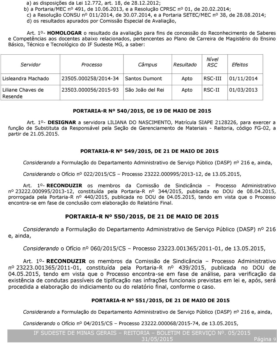 1º- HOMOLOGAR o resultado da avaliação para fins de concessão do Reconhecimento de Saberes e Competências aos docentes abaixo relacionados, pertencentes ao Plano de Carreira de Magistério do Ensino