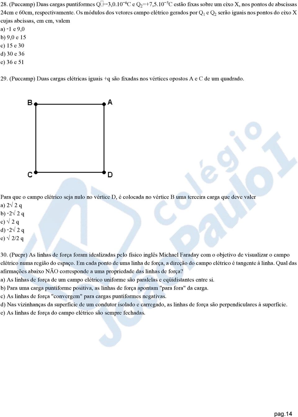 (Puccamp) Duas cargas elétricas iguais +q são fixadas nos vértices opostos A e C de um quadrado.