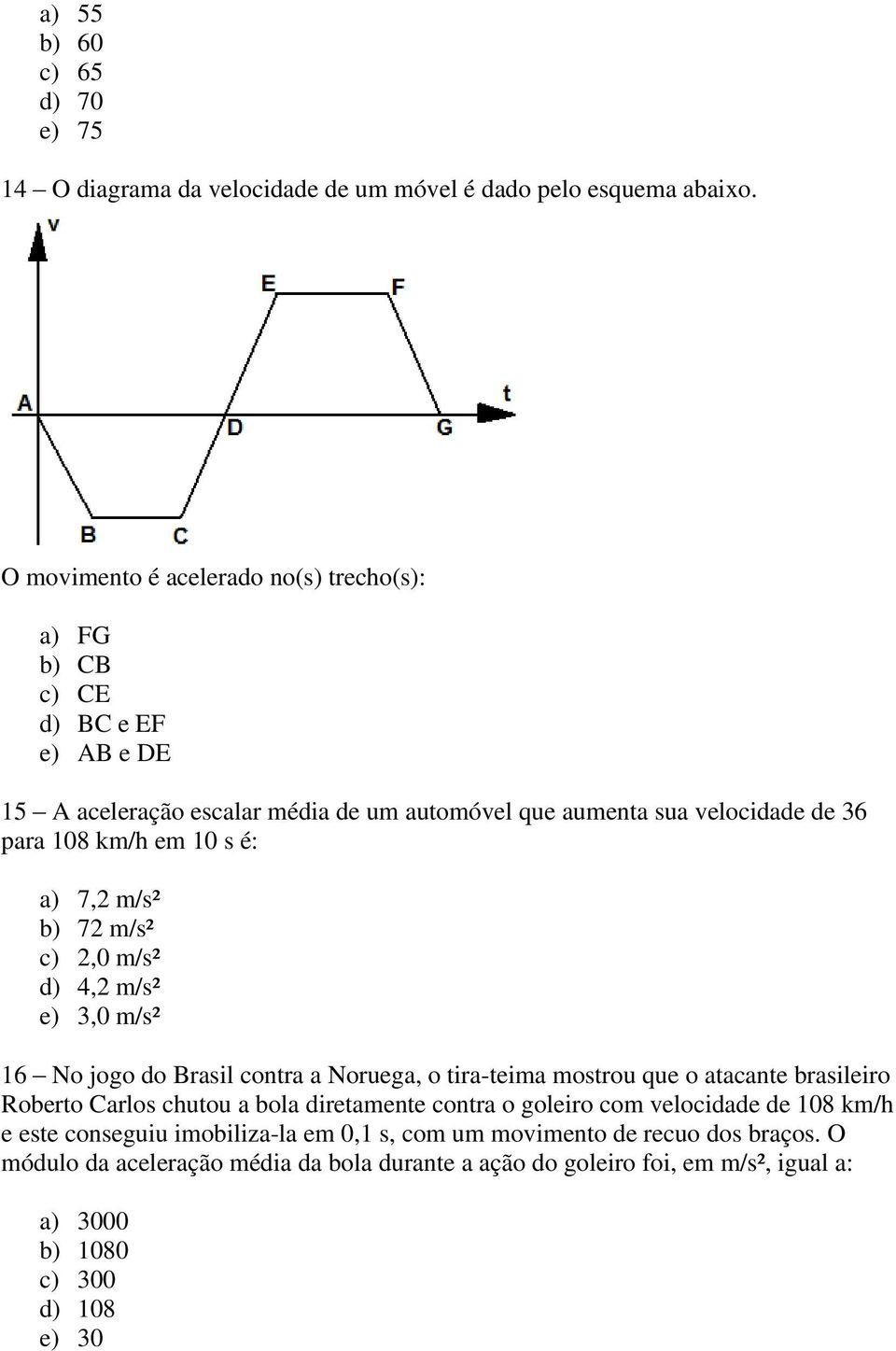 10 s é: a) 7,2 m/s² b) 72 m/s² c) 2,0 m/s² d) 4,2 m/s² e) 3,0 m/s² 16 No jogo do Brasil contra a Noruega, o tira-teima mostrou que o atacante brasileiro Roberto Carlos chutou a