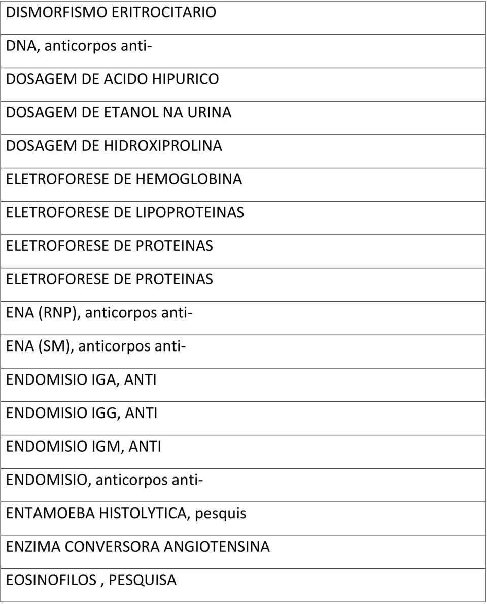 PROTEINAS ENA (RNP), anticorpos anti- ENA (SM), anticorpos anti- ENDOMISIO IGA, ANTI ENDOMISIO IGG, ANTI ENDOMISIO