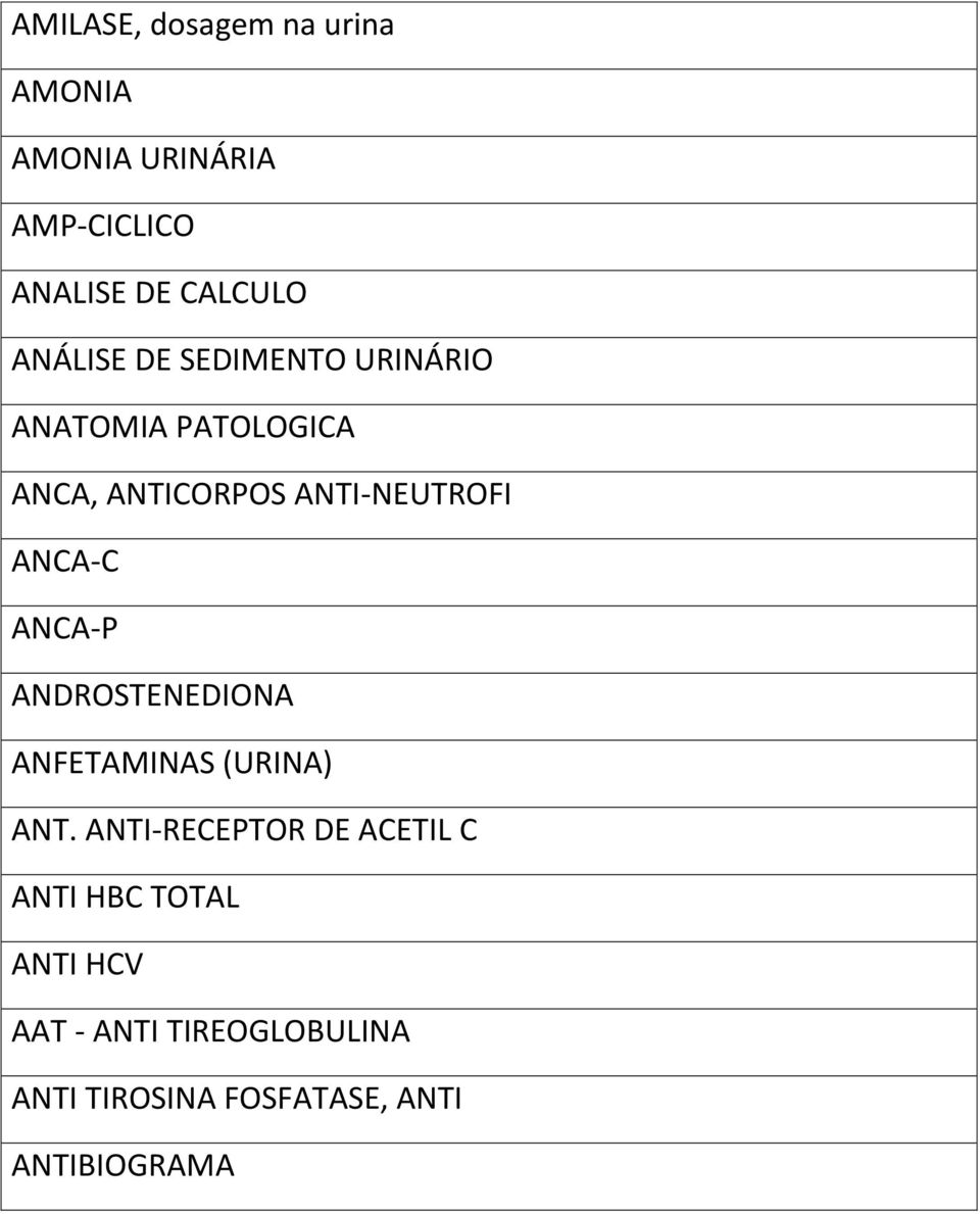 ANCA-C ANCA-P ANDROSTENEDIONA ANFETAMINAS (URINA) ANT.