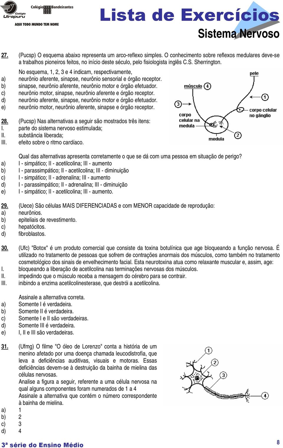 c) neurônio motor, sinapse, neurônio aferente e órgão receptor. d) neurônio aferente, sinapse, neurônio motor e órgão efetuador. e) neurônio motor, neurônio aferente, sinapse e órgão receptor. 28.