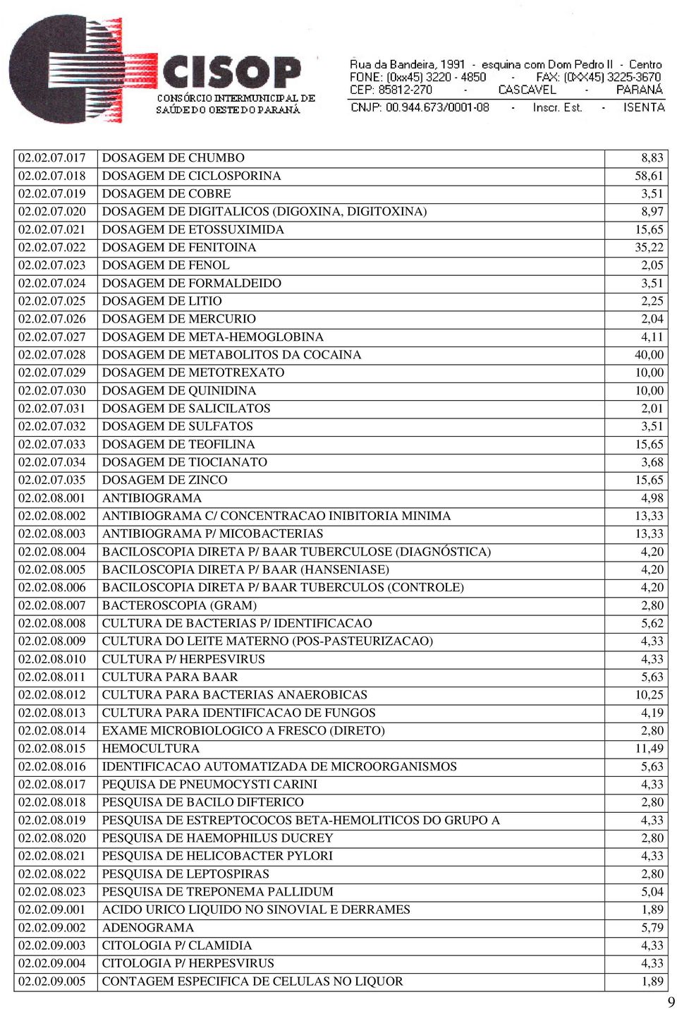 02.07.028 DOSAGEM DE METABOLITOS DA COCAINA 40,00 02.02.07.029 DOSAGEM DE METOTREXATO 10,00 02.02.07.030 DOSAGEM DE QUINIDINA 10,00 02.02.07.031 DOSAGEM DE SALICILATOS 2,01 02.02.07.032 DOSAGEM DE SULFATOS 3,51 02.