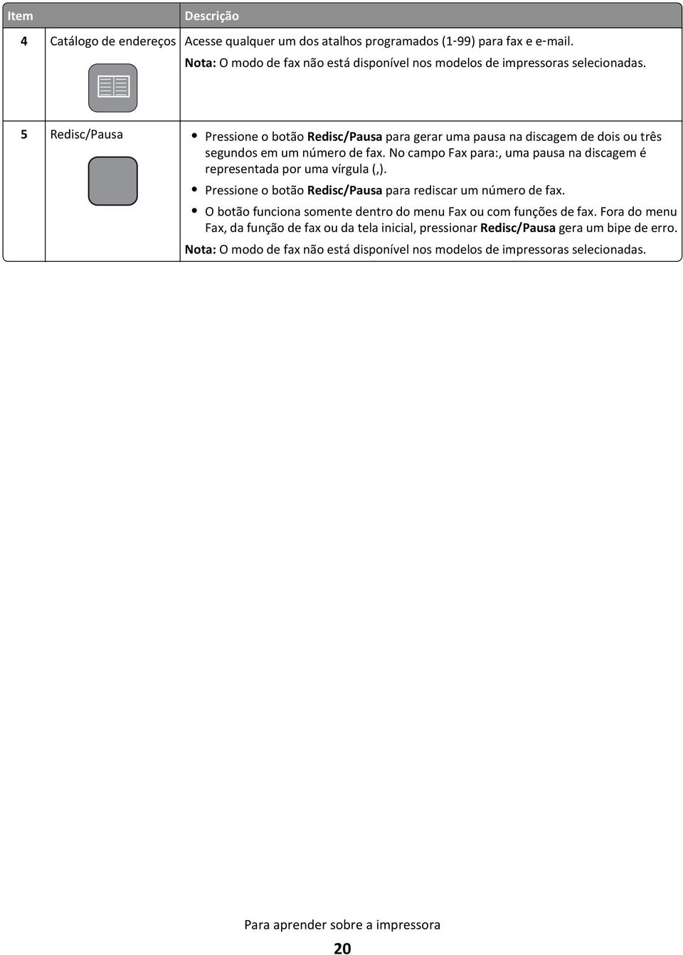 5 Redisc/Pausa Pressione o botão Redisc/Pausa para gerar uma pausa na discagem de dois ou três segundos em um número de fax.