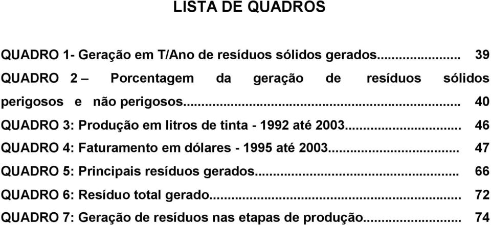 .. 40 QUADRO 3: Produção em litros de tinta - 1992 até 2003.