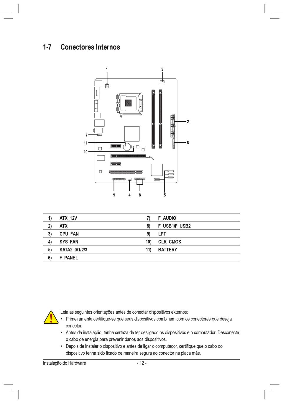 conectar. Antes da instalação, tenha certeza de ter desligado os dispositivos e o computador. Desconecte o cabo de energia para prevenir danos aos dispositivos.