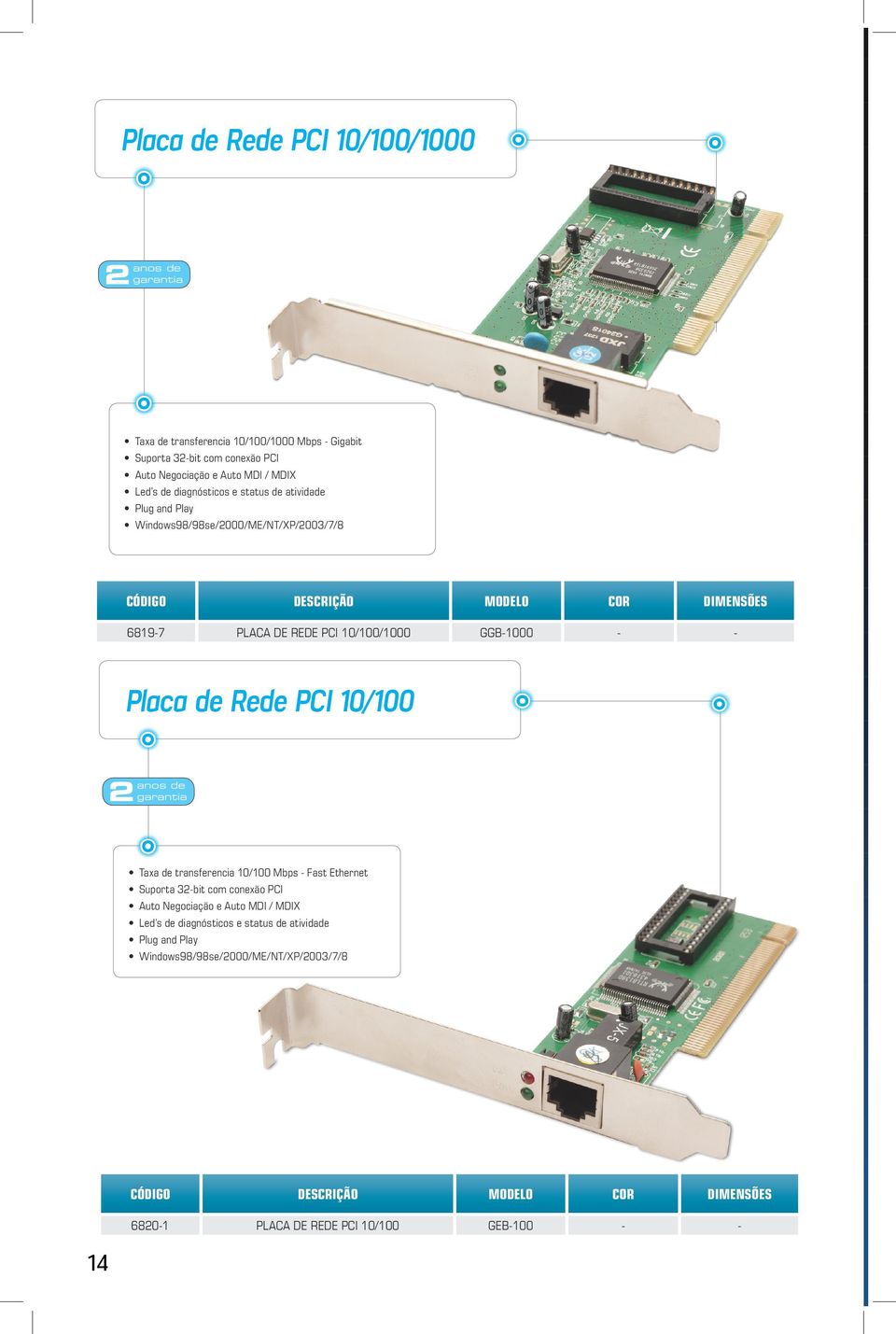 GGB-1000 - - Placa de Rede PCI 10/100 Taxa de transferencia 10/100 Mbps - Fast Ethernet Suporta 32-bit com conexão PCI Auto Negociação e Auto
